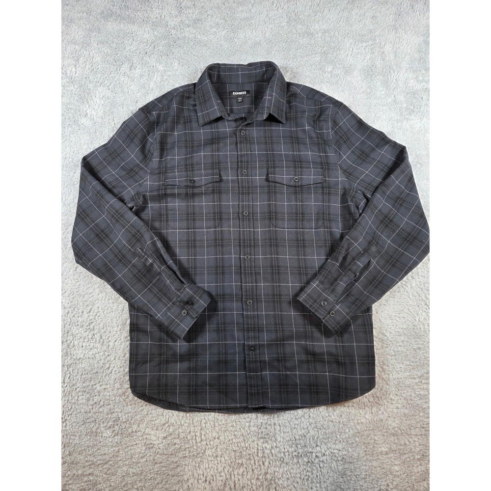 Express Mens Flannel Shirt Gray Plaid Button Down Long Sleeve‎ Large L